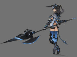 Rule 34 | 1girl, armor, arms at sides, ass, ass cutout, axe, battle axe, black gloves, black hair, blue thighhighs, boots, brown eyes, closed mouth, clothing cutout, fake horns, from side, full body, gauntlets, gloves, greaves, grey background, grey panties, haijin, half updo, headpiece, high heel boots, high heels, horned headwear, horns, looking away, medium hair, one side up, original, panties, polearm, profile, revealing clothes, sailor collar, sailor shirt, shirt, simple background, solo, standing, standing on one leg, striped clothes, striped thighhighs, tail, thighhighs, underwear, vertical-striped clothes, vertical-striped thighhighs, weapon