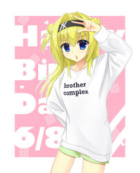 Rule 34 | 1girl, absurdres, arm up, black hairband, blonde hair, blue eyes, blush, bububugsan, casual, chitose sana, clothes writing, commentary, cowboy shot, dated, double bun, english text, eyelashes, eyes visible through hair, green shorts, hair bun, hair intakes, hairband, happy birthday, heart, highres, light blush, long hair, long sleeves, looking at viewer, open mouth, pink background, shirt, shorts, sidelocks, simple background, solo, standing, tenshinranman, two side up, w, white shirt