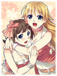 Rule 34 | 00s, 2girls, :d, amami haruka, bare shoulders, blue eyes, blush, bracelet, breasts, brown hair, cleavage, collarbone, cool &amp; sexy (idolmaster), covered navel, crop top, frills, gem, hoshii miki, hug, idolmaster, idolmaster (classic), idolmaster 1, jewelry, large breasts, looking at viewer, multiple girls, necklace, open mouth, pendant, redrop, short hair, skin tight, smile, tareme, upper body, vest, wrist cuffs