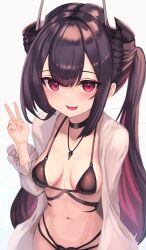 Rule 34 | 1girl, absurdres, azur lane, bikini, black bikini, breasts, brown hair, colored inner hair, denchi more power, hatsuzuki (august&#039;s first romance) (azur lane), hatsuzuki (azur lane), highres, horns, long hair, looking at viewer, multi-strapped bikini bottom, multicolored hair, navel, official alternate costume, open mouth, pink eyes, small breasts, solo, swimsuit, two-tone hair, v, very long hair