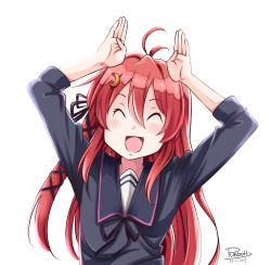 Rule 34 | 1girl, ^ ^, absurdres, ahoge, arms up, bad id, bad pixiv id, black ribbon, black sailor collar, black shirt, bunny ears prank, closed eyes, highres, kantai collection, leaning to the side, long hair, neck ribbon, open mouth, plasbott, rabbit pose, red hair, ribbon, sailor collar, school uniform, serafuku, shirt, signature, simple background, smile, solo, upper body, uzuki (kancolle), white background