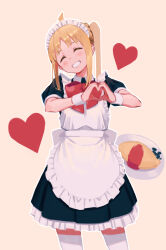 Rule 34 | 1girl, ahoge, apron, back bow, black dress, blonde hair, bocchi the rock!, bow, bowtie, closed eyes, closed mouth, collared dress, commentary request, dress, food, frills, grey bow, hair between eyes, heart, heart hands, ijichi nijika, kazu no reason, long hair, maid, maid headdress, orange background, plate, ponytail, puffy short sleeves, puffy sleeves, red bow, red bowtie, short sleeves, side ponytail, sidelocks, simple background, smile, solo, standing, teeth, thighhighs, white apron, white thighhighs