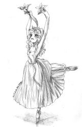 Rule 34 | 00s, 1girl, ahiru (princess tutu), ahoge, armpits, arms up, bad id, bad pixiv id, ballerina, ballet, ballet slippers, blush, breasts, commentary request, dancing, dress, flower, full body, greyscale, leg up, mi.nono, monochrome, open mouth, plantar flexion, princess tutu, simple background, small breasts, smile, solo, standing, standing on one leg, tiptoes, white background