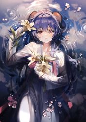 Rule 34 | 1girl, alternate costume, antenna hair, blue hair, blush, commentary, curled horns, english commentary, flower, ganyu (genshin impact), genshin impact, goat horns, hair between eyes, highres, holding, holding flower, horns, long hair, long sleeves, looking at viewer, lying, lying on water, open mouth, parted lips, partially submerged, pink flower, red eyes, red horns, sijosae 0312, solo, tongue, water, wet, wet clothes, yellow flower