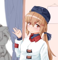 Rule 34 | 2girls, absurdres, black bow, black headwear, blouse, blurry, bow, brown eyes, brown hair, collared shirt, curtains, depth of field, fur hat, hair bow, hair ornament, hairclip, hat, highres, jacket, kantai collection, komb, long hair, looking at viewer, low twintails, multiple girls, papakha, red shirt, shirt, tashkent (kancolle), twintails, upper body, waving, white jacket