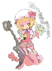 Rule 34 | 1girl, adapted costume, blouse, female focus, flandre scarlet, full body, guitar, hand on own hip, hat, hiruma andon, instrument, ke1rou, mob cap, shirt, simple background, solo, standing, touhou, white background, white hat, white shirt