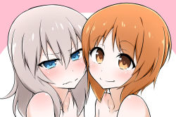 Rule 34 | 2girls, bare shoulders, blue eyes, brown eyes, brown hair, closed mouth, commentary request, embarrassed, frown, girls und panzer, half-closed eyes, head tilt, itsumi erika, long hair, looking at viewer, multiple girls, nagomiya (shousha), nishizumi miho, nude, portrait, short hair, silver hair, smile, wavy hair