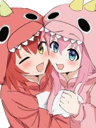 Rule 34 | 2girls, :d, artist request, blue eyes, blush, bocchi the rock!, dinosaur costume, female focus, gotoh hitori, green eyes, hair between eyes, highres, kita ikuyo, multiple girls, one eye closed, open mouth, pink hair, red hair, simple background, smile, thumbs up, white background