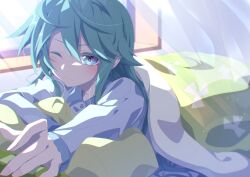 Rule 34 | 1girl, aosaki yato, aqua eyes, aqua hair, blanket, blush, closed mouth, commentary, hatsune miku, highres, messy hair, morning, one eye closed, outstretched arm, pajamas, pillow, reaching, sidelighting, solo, spring onion print, under covers, vocaloid, window