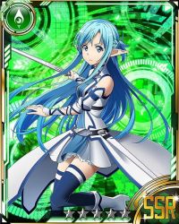 Rule 34 | 10s, 1girl, asuna (sao), asuna (sao-alo), blue eyes, blue hair, blue thighhighs, boots, card (medium), detached sleeves, holding, holding sword, holding weapon, leg up, long hair, matching hair/eyes, pleated skirt, pointy ears, skirt, solo, sword, sword art online, thighhighs, weapon, white footwear, zettai ryouiki