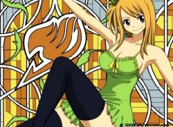Rule 34 | blonde hair, breasts, cleavage, dress, fairy tail, lowres, lucy heartfilia, smile, thighhighs, third-party edit
