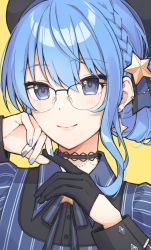 Rule 34 | 1girl, black gloves, blue eyes, blue hair, blue nails, bow, bowtie, braid, close-up, collared shirt, earrings, french braid, glasses, gloves, hair ornament, half gloves, highres, hololive, hoshimachi suisei, jewelry, nail polish, puunyannyan, shirt, simple background, single glove, smile, solo, star (symbol), star hair ornament, virtual youtuber, yellow background