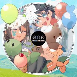 Rule 34 | 2boys, :d, balloon, balloon animal, black hair, blue eyes, blue pupils, brothers, brown hair, chinese commentary, commentary request, confetti, copyright name, food, highres, holding, holding stuffed toy, ice cream, isoi haruki, isoi reiji (rei-kun), male focus, meebo, multiple boys, open mouth, orange eyes, saibou shinkyoku, short hair, siblings, smile, stuffed animal, stuffed toy, teddy bear
