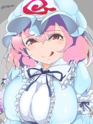Rule 34 | 1girl, ;q, blue hat, breasts, closed mouth, commentary request, grey background, hat, large breasts, long sleeves, mob cap, one eye closed, pink hair, qralto, red eyes, saigyouji yuyuko, short hair, simple background, smile, solo, tongue, tongue out, touhou, triangular headpiece, twitter username, upper body, variant set
