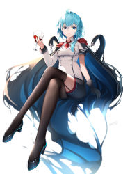 Rule 34 | 1girl, absurdres, asymmetrical sleeves, black cape, black footwear, black shorts, black thighhighs, blue eyes, blue hair, cape, closed mouth, cup, full body, garter straps, hair between eyes, high heels, highres, holding, holding cup, invisible chair, jacket, looking at viewer, minoominoomi, original, pumps, red neckwear, short hair with long locks, short shorts, shorts, simple background, sitting, solo, thighhighs, uneven sleeves, white background, white jacket, wing collar