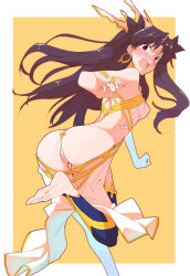 Rule 34 | 1girl, :o, armlet, armpits, ass, asymmetrical legwear, back, bare arms, bare shoulders, barefoot, bent over, black hair, black ribbon, blue thighhighs, blush, breasts, butt crack, covered erect nipples, crown, earrings, embarrassed, fang, fate/grand order, fate (series), female focus, floating hair, hair ribbon, highres, hoop earrings, ishtar (fate), jewelry, kurokuro, leg up, long hair, looking at viewer, looking back, neck ring, open mouth, orange background, pelvic curtain, purple eyes, red eyes, revealing clothes, ribbon, shy, single thighhigh, small breasts, solo, strapless, tears, thighhighs, thighlet, two side up, type-moon, uneven legwear