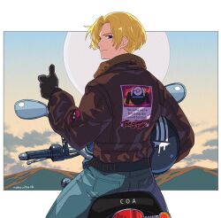 Rule 34 | 1boy, another eden, black gloves, blonde hair, blue eyes, brown jacket, character request, closed mouth, cloud, denim, english text, gloves, helmet, jacket, jeans, looking at viewer, looking back, male focus, motor vehicle, motorcycle, motorcycle helmet, mountain, pants, shinwoo choi, short hair, solo, thumbs up