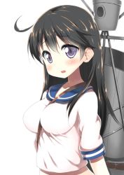 Rule 34 | 10s, 1girl, ahoge, b-ginga, between breasts, black hair, blush, breasts, collarbone, female focus, from side, hair between eyes, impossible clothes, kantai collection, large breasts, long hair, looking at viewer, midriff, open mouth, purple eyes, school uniform, serafuku, short sleeves, simple background, solo, strap between breasts, tareme, upper body, ushio (kancolle), white background