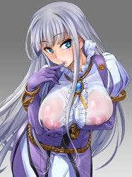 Rule 34 | 1girl, anemone (sennen sensou aigis), blue eyes, breast hold, breasts, brooch, covered erect nipples, cowboy shot, elbow gloves, finger to mouth, gloves, jewelry, large breasts, long hair, looking at viewer, nipples, no bra, puffy sleeves, purple gloves, sasayuki, see-through, sennen sensou aigis, silver hair, solo, very long hair