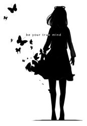Rule 34 | 1girl, bug, butterfly, english text, female focus, full body, greyscale, bug, monochrome, persona, persona 1, petit, short hair, silhouette, simple background, skirt, solo, sonomura maki, standing, white background
