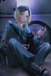 Rule 34 | 1boy, absurdres, animal, bag, bicycle, bicycle seat, black cat, black footwear, black hair, blonde hair, bob cut, cat, cellphone, commentary, denim, dog tags, eumi 114, full body, gradient hair, green hoodie, haikyuu!!, highres, holding, holding animal, holding phone, hood, hood down, hoodie, indian style, jeans, kozume kenma, light particles, looking at viewer, multicolored hair, on lap, over shoulder, pants, parted bangs, parted lips, phone, shadow, shoelaces, shoes, short hair, sitting, smartphone, sneakers, solo, strap, symbol-only commentary, yellow eyes