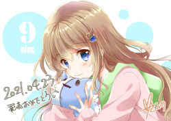 Rule 34 | 1girl, 9-nine-, blue eyes, blush, brown hair, cocoro33, collar, copyright name, dated, eyelashes, gear hair ornament, green collar, hair between eyes, happy birthday, holding, holding stuffed toy, jacket, kujou miyako, long hair, looking at viewer, hugging object, pink jacket, sidelocks, signature, smile, solo, sophitia, star (symbol), stuffed animal, stuffed toy, wavy hair, white background, wing hair ornament