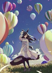 Rule 34 | 1girl, absurdres, aircraft, animal ears, black legwear, blue hat, breasts, brown hair, chromatic aberration, cloud, dress, floating hair, full body, grass, hand on headwear, hat, highres, horse ears, horse girl, horse tail, hot air balloon, houkou illust, loafers, long hair, looking at viewer, outdoors, purple eyes, rice shower (umamusume), shoes, sky, small breasts, smile, solo, standing, tail, umamusume, white dress, white footwear, wind