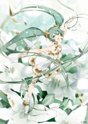 Rule 34 | 1girl, :d, absurdly long hair, agonasubi, aqua theme, ballerina, ballet slippers, bangle, bare arms, bracelet, chest tattoo, commentary, confetti, dancing, dress, floating hair, flower, gold collar, gold trim, gramophone miku, green eyes, green hair, green theme, hair ornament, hatsune miku, headphones, highres, jewelry, leg up, lily (flower), long hair, miku symphony (vocaloid), neck ribbon, official art, open mouth, outstretched arms, ribbon, see-through, see-through dress, smile, solo, standing, standing on one leg, strapless, strapless dress, tattoo, tiptoes, very long hair, vocaloid, white dress, white flower, white footwear