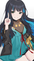 Rule 34 | 1girl, black hair, black jacket, blue dress, blue hair, bow, breasts, cleavage, commentary request, covered collarbone, dress, fate/grand order, fate (series), gradient background, green eyes, grey background, grey bow, highres, jacket, long hair, looking at viewer, medium breasts, multicolored hair, open clothes, open jacket, smile, solo, streaked hair, swon (joy200892), tenochtitlan (fate), very long hair, white background, yellow bow