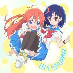 Rule 34 | 2girls, ahoge, barefoot, blue eyes, blue hair, brown eyes, english text, engrish text, flip flappers, hair ornament, hairclip, hands on another&#039;s knees, highres, kokomine cocona, long hair, multiple girls, open mouth, orange hair, papika (flip flappers), ranguage, red dust, red star (toranecomet), school uniform, serafuku, short hair, smile, thighhighs, wristband