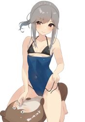 Rule 34 | 1girl, bare arms, bare legs, bare shoulders, barefoot, bikini, black bikini, blue one-piece swimsuit, blush, bokukawauso, brown eyes, closed mouth, collarbone, covered navel, fingernails, girl on top, grey hair, kantai collection, long hair, one-piece swimsuit, ponytail, sakieko, simple background, solo, stuffed animal, stuffed otter, stuffed toy, swimsuit, usugumo (kancolle), white background