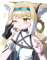 Rule 34 | 1girl, 1other, absurdres, animal ear fluff, animal ears, arknights, bare shoulders, blonde hair, blue hairband, blush, braid, breasts, cheek pinching, disembodied hand, doctor (arknights), flying sweatdrops, fox ears, fox girl, fox tail, green eyes, hair between eyes, hair rings, hairband, hand up, highres, kitsune, multicolored hair, pinching, shirt, sidelocks, simple background, small breasts, solo focus, spam (spamham4506), suzuran (arknights), sweat, tail, twin braids, two-tone hair, upper body, white background, white hair, white shirt, wrist cuffs