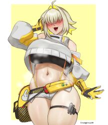 Rule 34 | 1girl, ahoge, blonde hair, blush, breasts, condylonucla, elegg (nikke), fang, gloves, goddess of victory: nikke, hair intakes, hair over eyes, highres, large breasts, long bangs, long sleeves, multicolored hair, navel, open mouth, shorts, simple background, sketch, smile, solo, steam, suspenders, sweat, thigh strap, thighs, two-tone hair