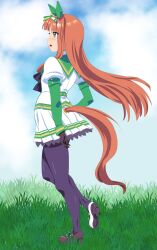 Rule 34 | black gloves, black pantyhose, cloud, cloudy sky, dress, ear covers, full body, gloves, grass, green dress, green eyes, high heels, highres, horse girl, horse tail, long hair, looking to the side, open mouth, outdoors, pantyhose, pleated dress, puffy sleeves, red hair, silence suzuka (umamusume), sky, standing, standing on one leg, supudere (doki2sdale), tail, two-tone dress, umamusume, white dress