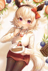 Rule 34 | 1girl, absurdres, ahoge, animal ears, bow, breasts, brown hairband, brown pantyhose, cake, cake slice, chocolate, commentary request, cowboy shot, curren chan (umamusume), ear covers, eating, food, fork, fruit, hair bow, hairband, highres, holding, holding fork, holding plate, horse ears, horse girl, horse tail, long sleeves, looking at viewer, medium breasts, medium hair, mirage (rairudiseu), oversized food, oversized object, pantyhose, plate, purple eyes, red bow, red skirt, shirt, sitting, skirt, solo, strawberry, tail, umamusume, utensil in mouth, white hair, white shirt