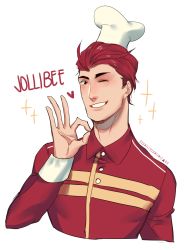 Rule 34 | 1boy, absurdres, animification, check commentary, chef hat, commentary request, employee uniform, hair slicked back, hat, highres, jollibee, jollibee (mascot), ok sign, ozumii, personification, red hair, short hair, smile, uniform