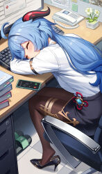 Rule 34 | 1girl, absurdres, ahoge, alternate costume, arm rest, barefoot, blue hair, book, brown pantyhose, cellphone, chair, closed eyes, computer, desk, error message, ganyu (genshin impact), genshin impact, goat horns, head rest, high heels, highres, horns, incoming call, keyboard (computer), low ponytail, no-ba, office chair, office lady, pantyhose, pencil skirt, phone, plant, potted plant, pumps, qingxin flower, sandals, shirt, shirt tucked in, shoes, sitting, skirt, sleeping, smartphone, solo, sticky note, stiletto heels, swivel chair, thighs, tiptoes, vision (genshin impact), white shirt