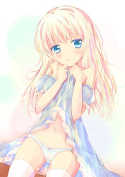 Rule 34 | 1girl, :o, bare shoulders, blonde hair, blue dress, blue eyes, bow, bow panties, clothes lift, collarbone, commentary request, dress, dress lift, hands up, head tilt, lifting own clothes, long hair, looking at viewer, navel, off-shoulder dress, off shoulder, original, panties, parted lips, puffy short sleeves, puffy sleeves, shihou haru, short sleeves, sitting, solo, thighhighs, underwear, white panties, white thighhighs