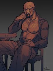 Rule 34 | breaking bad, facial hair, fruitofwinter, glasses, highres, looking at viewer, on chair, sitting, topless male, walter white