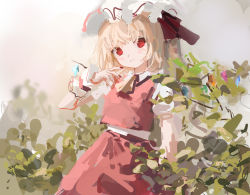 Rule 34 | 1girl, 3:, arm at side, ascot, beige background, blonde hair, blurry, blurry background, bush, closed mouth, cowboy shot, depth of field, flandre scarlet, grey background, hand up, hat, hat ribbon, head tilt, highres, long hair, looking at viewer, looking to the side, mob cap, nail polish, no pupils, outdoors, plant, red eyes, red nails, red ribbon, red skirt, red vest, reddizen, ribbon, short sleeves, side ponytail, skirt, skirt set, solo, standing, touhou, vest, white hat, wing collar, wrist cuffs, yellow ascot