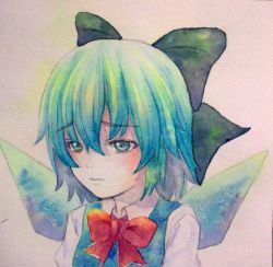 Rule 34 | 1girl, blue eyes, blue hair, bow, cirno, hair bow, ice, ice wings, matching hair/eyes, painting (medium), solo, touhou, traditional media, watercolor (medium), wings, yuyu (00365676)