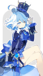 Rule 34 | 1girl, arm support, ascot, asymmetrical gloves, bare legs, black gloves, blue ascot, blue coat, blue eyes, blue hair, blue hat, blue ribbon, blush, border, brooch, brown background, coat, commentary, cowlick, cyenmi3, furina (genshin impact), genshin impact, gloves, half gloves, hat, hat ribbon, highres, jewelry, knees up, light blue hair, long sleeves, looking at viewer, mismatched gloves, multicolored hair, one eye closed, outline, ribbon, short hair, signature, simple background, sitting, smile, solo, streaked hair, thigh strap, top hat, vision (genshin impact), white gloves, white hair