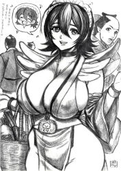 Rule 34 | 1girl, 3boys, artist name, bag, basket, between breasts, breasts, chibi, choker, chonmage, cleavage, coin purse, collarbone, commentary request, faceless, faceless male, food, greyscale, hair ornament, handbag, holding, huge breasts, iroha (samurai spirits), japanese clothes, large breasts, lips, looking at viewer, maid, maid headdress, monochrome, multiple boys, obi, open mouth, pelvic curtain, revealing clothes, samurai spirits, sash, short hair, sideboob, signature, simple background, skidrow, sleeveless, smile, speech bubble, thighs, topknot, translation request, vegetable, wide hips, wide sleeves