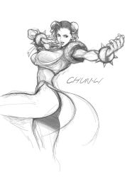 Rule 34 | 1girl, bad id, bad twitter id, bracelet, breasts, bun cover, capcom, character name, china dress, chinese clothes, chun-li, cropped legs, double bun, dress, fighting stance, graphite (medium), greyscale, highres, jewelry, large breasts, monochrome, monochrome, pelvic curtain, short hair, sketch, solo, spiked bracelet, spikes, street fighter, thick thighs, thighs, traditional media, yoshihara motoki