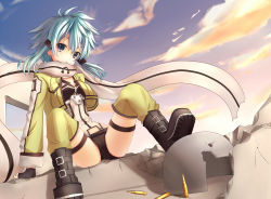 Rule 34 | 10s, 1girl, blue eyes, blue hair, boots, cartridge, cloud, fingerless gloves, gloves, if (asita), looking at viewer, matching hair/eyes, scarf, short shorts, shorts, sidelocks, sinon, sitting, sky, solo, sword art online, tatapopo, thighhighs, yellow thighhighs