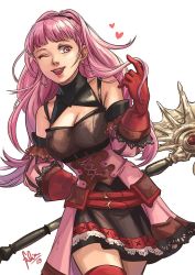Rule 34 | 1girl, 2019, axe, belt, breasts, cleavage, earrings, felia hanakata, female focus, fire emblem, fire emblem: three houses, freikugal (weapon), gloves, heart, heroes relic (fire emblem), hilda valentine goneril, holding, holding axe, holding weapon, hoop earrings, jewelry, large breasts, long hair, matching hair/eyes, nintendo, one eye closed, open mouth, pink eyes, pink hair, ponytail, red gloves, red legwear, signature, simple background, skirt, smile, solo, weapon, white background, wink