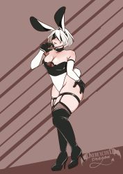 Rule 34 | 1girl, absurdres, android, animal ears, boots, breasts, choker, cleavage, gloves, high heel boots, high heels, highres, large breasts, leotard, nier (series), nier:automata, overexciteddragon, playboy bunny, short hair, solo, thigh boots, thighhighs, white hair, 2b (nier:automata)