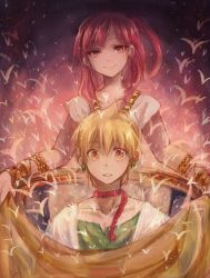 Rule 34 | 1boy, 1girl, ali baba saluja, blonde hair, earrings, highres, jewelry, long hair, lots of jewelry, magi the labyrinth of magic, morgiana, red eyes, red hair, short hair, side ponytail, smile, tomoyami, yellow eyes
