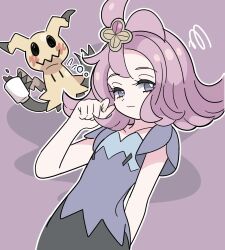 Rule 34 | 1girl, acerola (pokemon), bright pupils, closed mouth, commentary request, creatures (company), dress, eyelashes, flipped hair, game freak, gen 7 pokemon, grey dress, grey eyes, hair ornament, hairclip, hand up, highres, mimikyu, multicolored clothes, multicolored dress, nintendo, pokemon, pokemon (creature), pokemon sm, purple background, purple hair, short sleeves, squiggle, stitches, sutokame, white pupils
