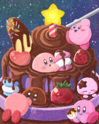 Rule 34 | :o, :q, banana, blue eyes, blush stickers, candy, chocolate, chocolate fountain, clone, closed eyes, colored skin, dripping, food, food focus, fruit, hair ornament, heart, highres, holding, holding food, holding utensil, invincible candy, kirby, kirby (series), looking at another, miclot, nintendo, no humans, open mouth, oversized object, pink footwear, pink skin, shoes, smile, space, sprinkles, star (sky), star (symbol), star hair ornament, star rod, strawberry, tongue, tongue out, valentine